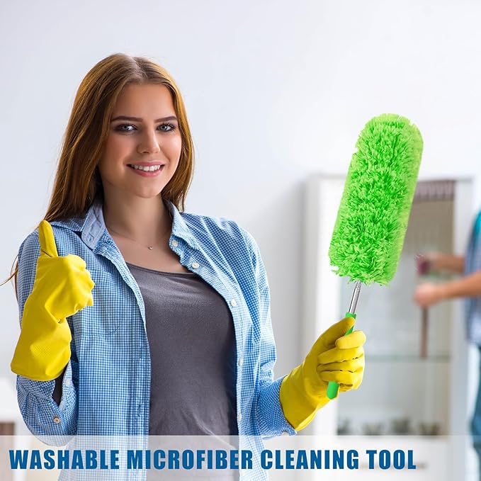 Tanlade 1 Pcs Microfiber Feather Duster for Cleaning 13-31 Inch Extendable Cobweb Dusters Ceiling Fan Duster Washable Bendable Tool for Office Car Window Furniture (Green)