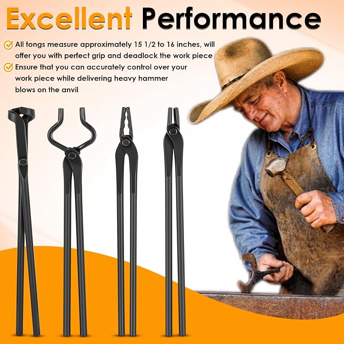 Blacksmith Forging Tongs Knife Making Tongs Set Fire Tongs Anvil Blacksmithing Tongs Forge Tools Includes Flat Tongs, Wolf Jaw Tongs, Blade Tongs & V-Bit Tongs(4 Tongs)