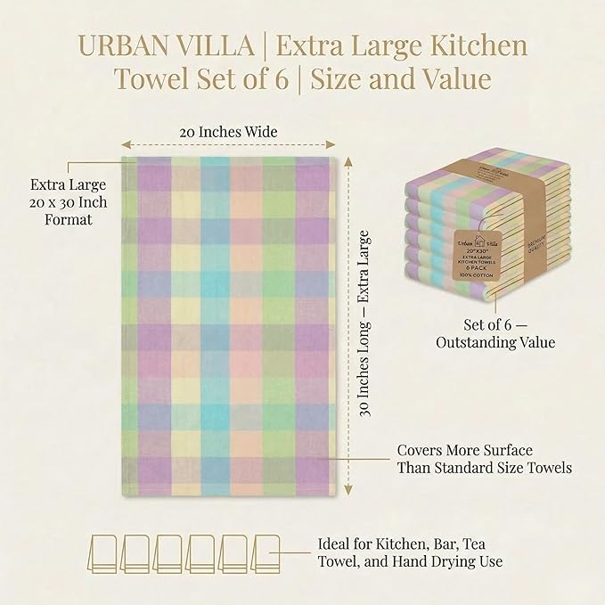 Urban Villa Kitchen Towels Set of 6 Buffalo Checks Easter Kitchen Towels Size 20”X30” Inches 100% Cotton Highly Absorbent KitchenTowels Premium Quality Ultra Soft Mitered Corners KitchenTowels