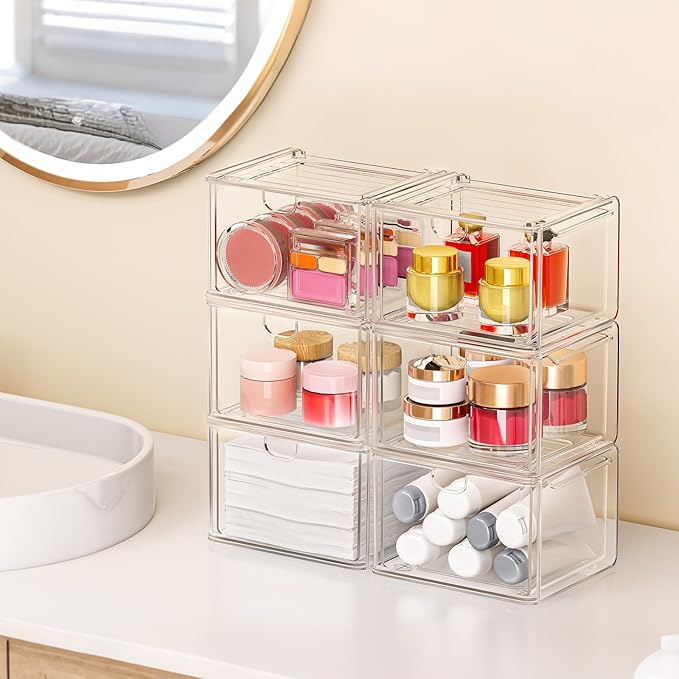 caktraie 6 Pack Small Clear Stackable Acrylic Storage Boxes for Art Tool & Sketch, Stroage Drawers, Makeup Organizer, Plastic Storage Bins For Vanity, Kitchen Cabinets, Pantry, Home Organization