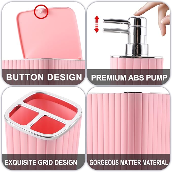 XLHOMO Bathroom Set with Shower Curtain and Rugs- 25PC Pink Bathroom Accessories, Shower Curtain Set, Toilet Brush, Trash Can, Qtip Holder & Soap Dispenser