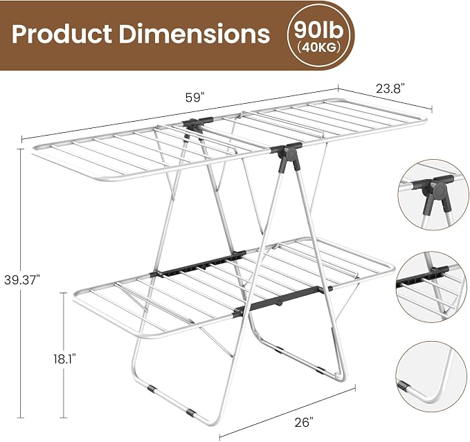 Clothes Drying Rack, 2-Tier Foldable Laundry Dryer Rack, Metal Height Adjustable Clothes Rack, for Outdoor & Indoor, with 31 Drying Rails, 59" L × 23.8" W