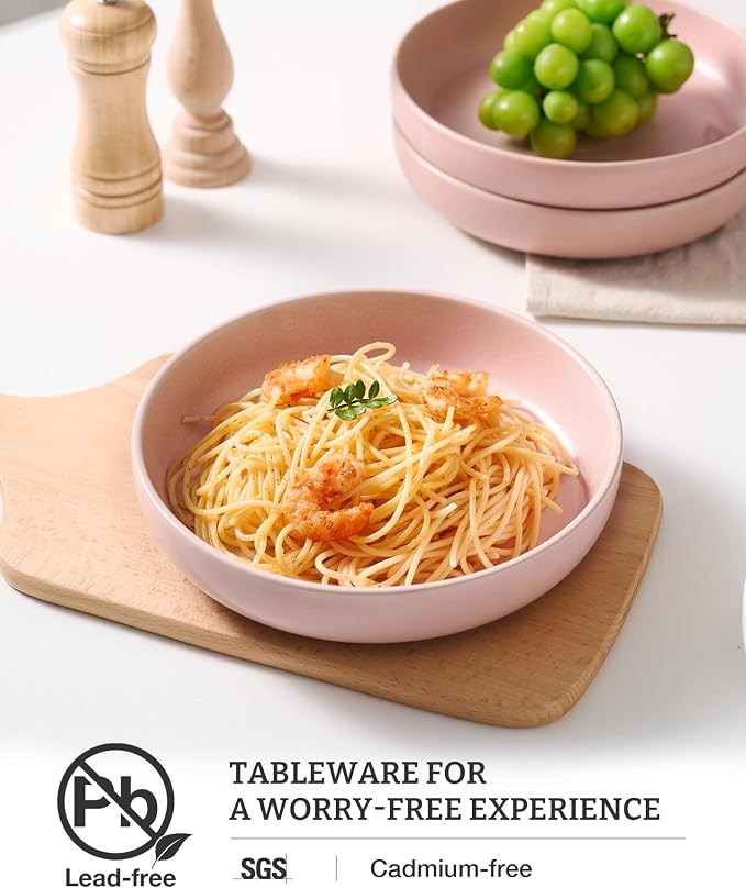 famiware Milkyway Pasta Bowls Set of 8, 33 oz Large Salad Bowls, Double Reactive Glaze, Sturdy & Stackable, Ideal for Housewarming, Festivals, Light Pink