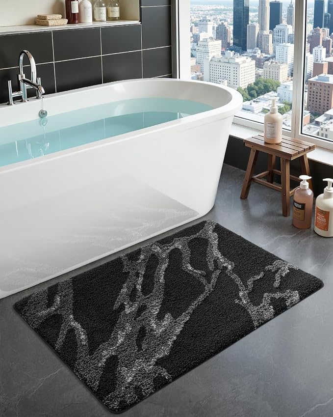 DEXI Bathroom Rug Mat 36x24, Soft and Absorbent Marble Bath Mat, Non Slip Machine Washable Bath Rugs for Shower Floor, Tub, Sink, Black