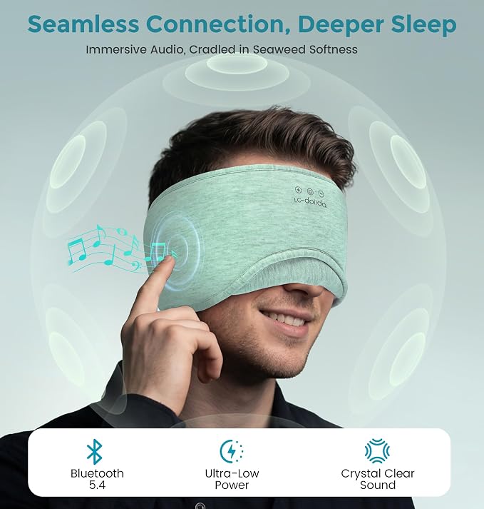LC-dolida Sleep Masks with Bluetooth Headphones, Soft Seaweed Fiber Cotton Bluetooth Sleep Mask, Total Blackout Fully Wrapped Sleep Mask for Side Sleepers, Travel Meditation Gift, Green