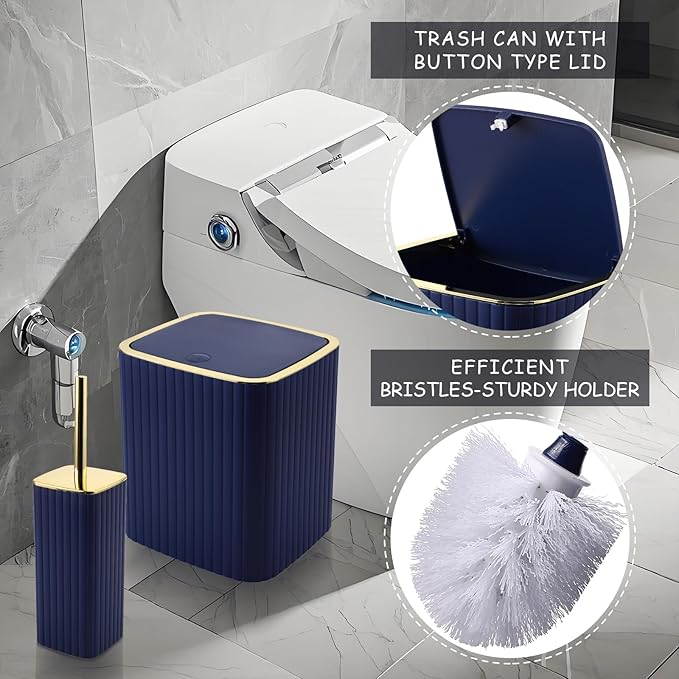 XLHOMO Bathroom Accessories Set - Gorgeous Bathroom Set, 10PC Navy Blue Bathroom Accessory Set, Toilet Brush, Trash Can, Qtip Holder & Soap Dispenser