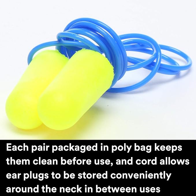 3M Ear Plugs, E-A-Rsoft Yellow Neons 311-1250, 200 Pair of Disposable Earplugs, Pairs Individually Wrapped, Regular Size, Corded, 33 NRR, Tapered Cylinder Shape, Slow Recovery Foam