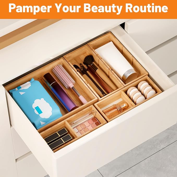 SpaceWhisper Bamboo Drawer Organizer, 10-Piece Drawer Divider with Removable Dividers for Organization and Storage, Multi-Use Stackable Storage Box & Utensil Holder for Kitchen, Office, Makeup & More