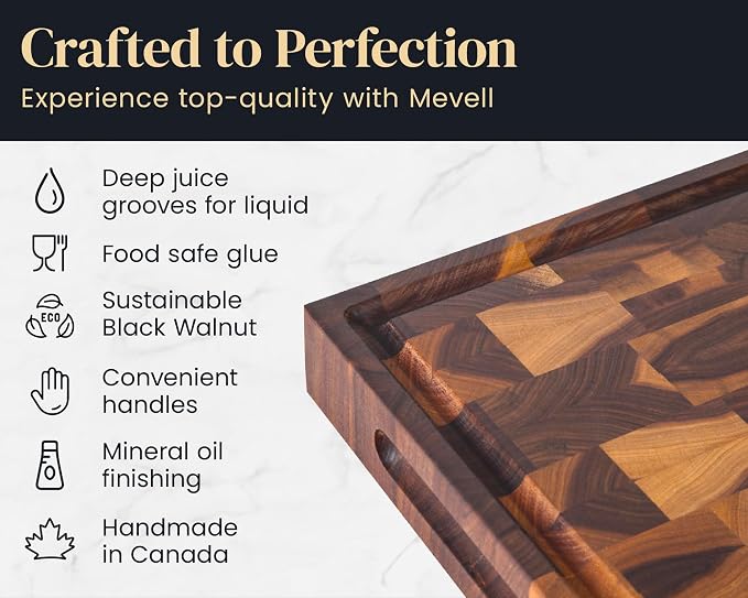 Walnut End Grain Cutting Board for Kitchen, Reversible Extra Large Wooden Butcher Block With Juice Grooves, Made in Canada (Walnut, 20x13x2)