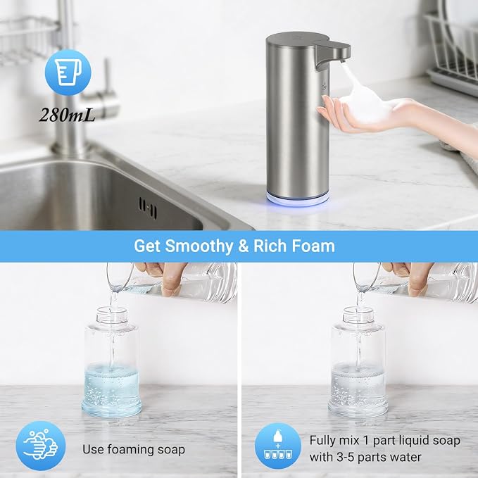 LAOPAO Automatic Foaming Soap Dispenser, Matte Stainless Steel Touchless Soap Dispenser with Self-Clean Mode, 1500mAh Rechargeable USB-C, IPX5 Waterproof Anti-Clogging Foam Pump for Kitchen & Bathroom