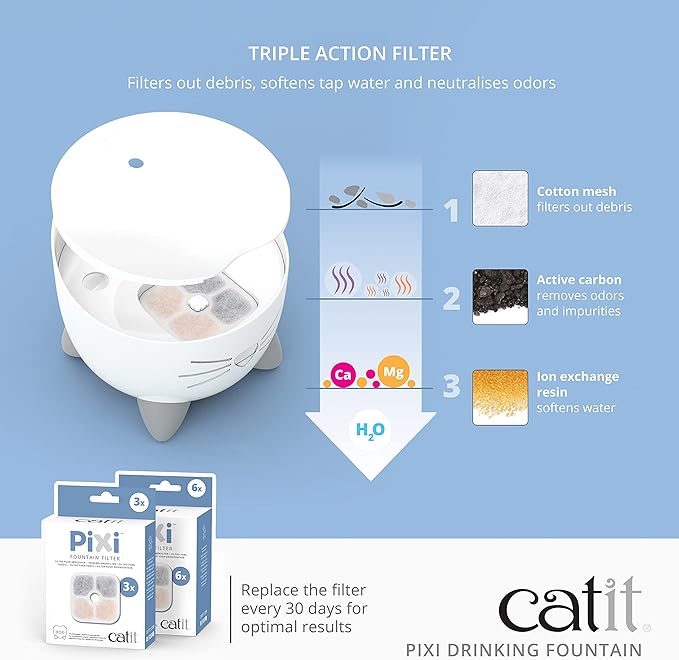Catit PIXI Cat Drinking Fountain, Running Water Fountain, Pink | Cat Water Fountain with Triple Filter and Ergonomic Drinking Options