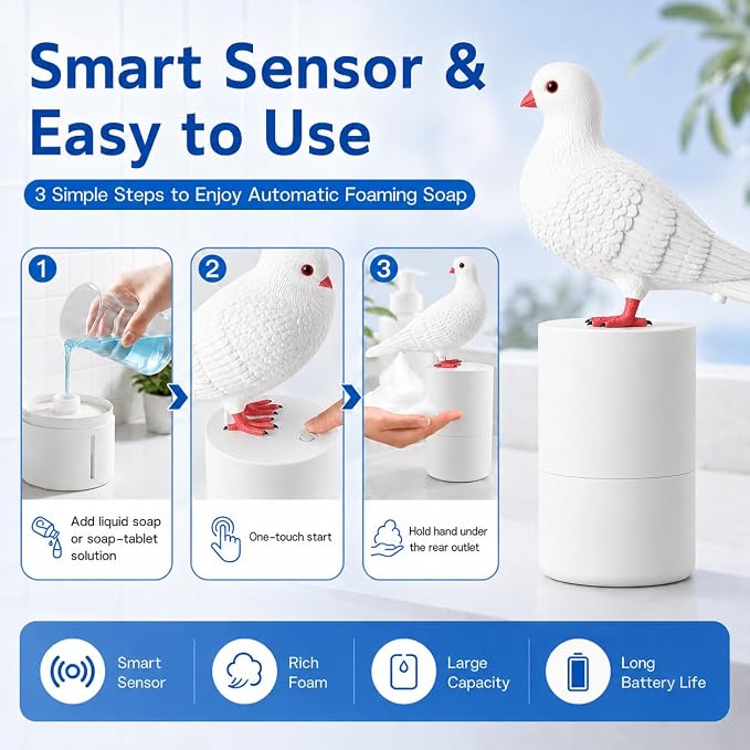 Touchless Foam Soap Dispenser, White Peace Dove Design, 300 mL | Touchless infrared foam dispensing with a refillable 300 mL tank