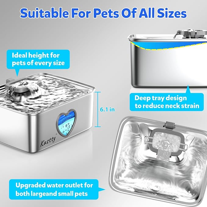 Kastty Large Dog Water Fountain, 15L/3.96Gal Stainless Steel AUTO Pet Water Bowl Dispenser Inside, 5-Stage Filtration, Dual-Color LED, Visual Window, Quiet, for Large Dogs & Multi-Pet, FS80