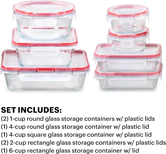 Pyrex Freshlock (7-Pack) Glass Food Storage Containers Set, (1, 2, 4 Cups) Airtight & Leakproof Plastic Locking Lids BPA-Free, Meal Prep Containers Set, Freezer Dishwasher Microwave Safe | Meal prep containers with airtight locking lids, freezer, dishw...