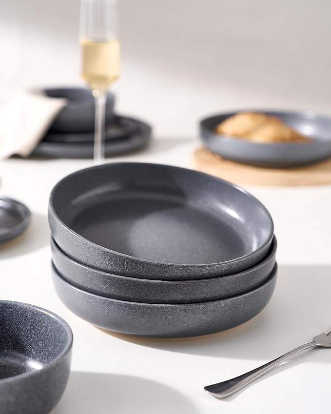 famiware Milkyway Pasta Bowls Set of 4, 8.5" Large Salad Bowls, Double Reactive Glaze, Stackable, Ideal for Housewarming, Festivals, Matte Dark Charcoal