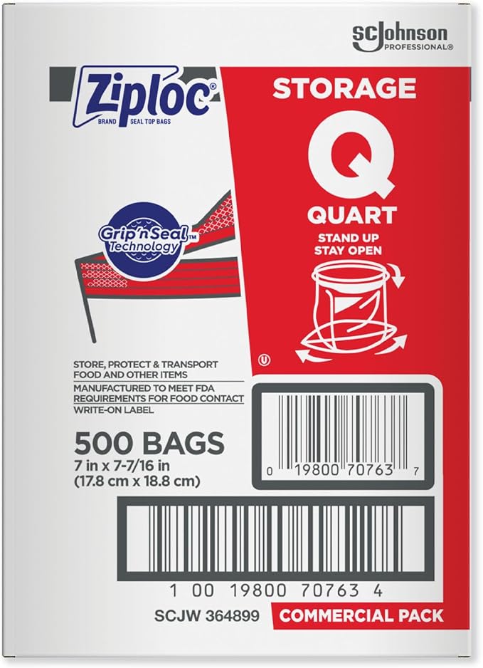 SC Johnson Professional, Ziploc Storage Bags, For Food Organization and Storage, Double Zipper Seal, Easy-Open Tabs Quart, 500 Count