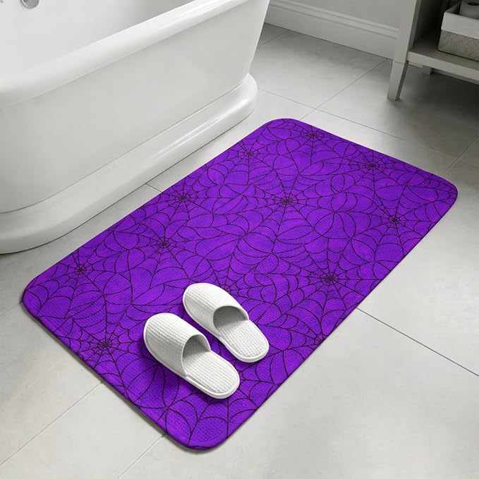 Small Door Mat Indoor Outdoor 15.7"x23.6", Purple Halloween Absorbent Non Slip Entry Rug, Black Spiders Net Classic Gingham Low Profile Welcome Mat for Front/Side Door Apartment Entrance Bathroom