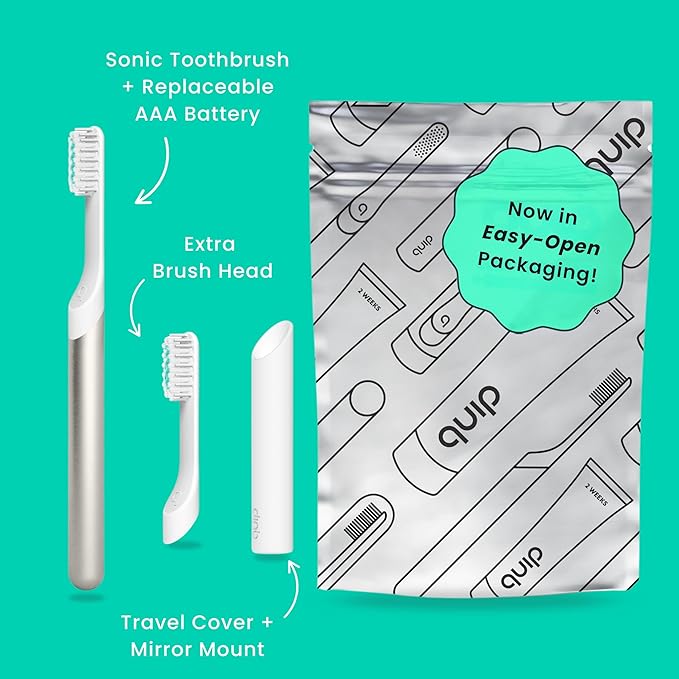 Quip Metal Sonic Electric Toothbrush for Adults - Time Travel & Soft Bristles with Travel Case & Replacement Brush Head - 3 Month Battery Life, Moonlight Champagne