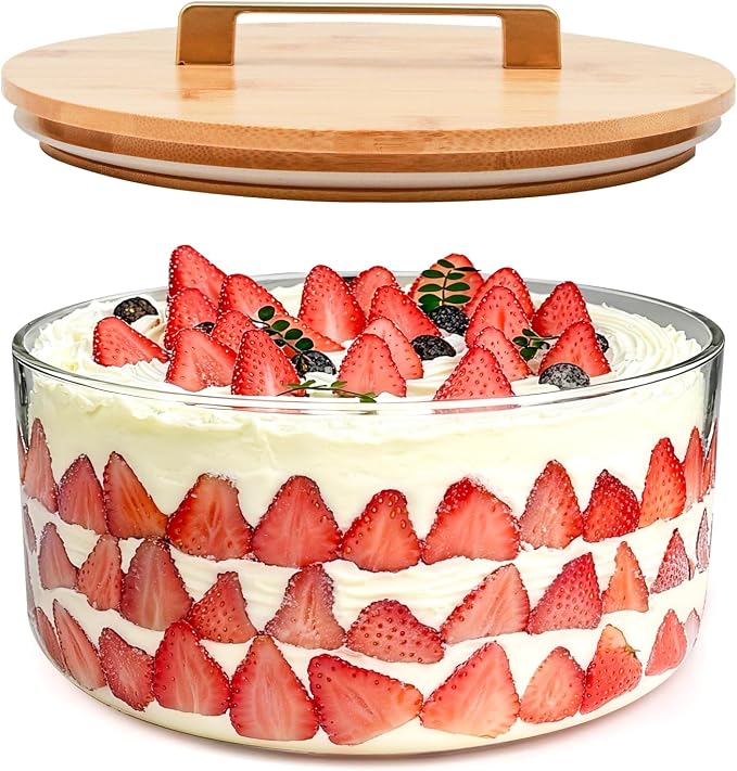Acelane 9 Inch Glass Trifle Bowl with Sealed Lid, Large Salad Bowl, Modern Versatile Mixing and Serving Bowl for Salad, Dessert, Laying Ice Cream, Cake and Party, Home, Microwave & Dishwasher Safe