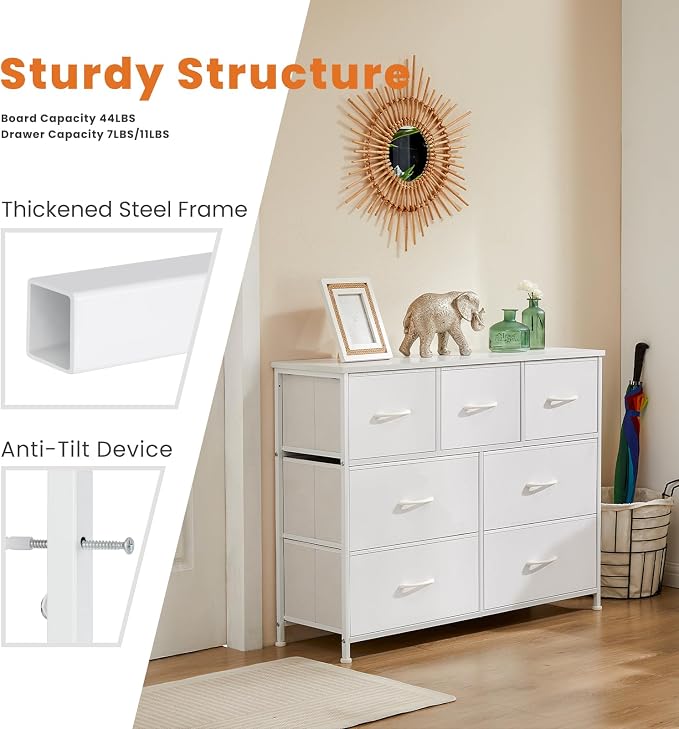 Sweetcrispy 7 Drawer Dresser Storage Organizer with Fabric Bins, White | Sturdy Steel Frame and Wood Top, Easy Pull Handles, for Bedroom Closet Hallway Entryway