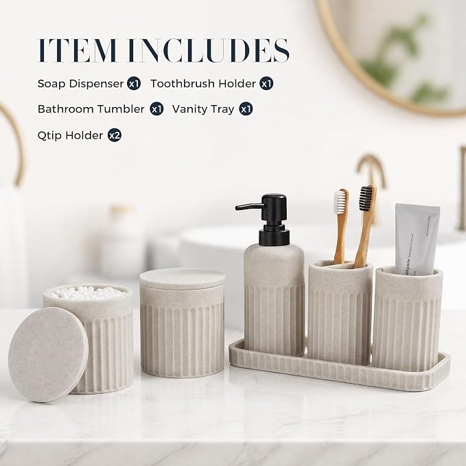 INIUNIK Bathroom Accessory Set, 6 Pieces, Beige | Resin, Bathroom Accessories Set, with Soap Dispenser Set, Toothbrush Holders, Tumbler, Vanity Tray & 2 Qtip Holder