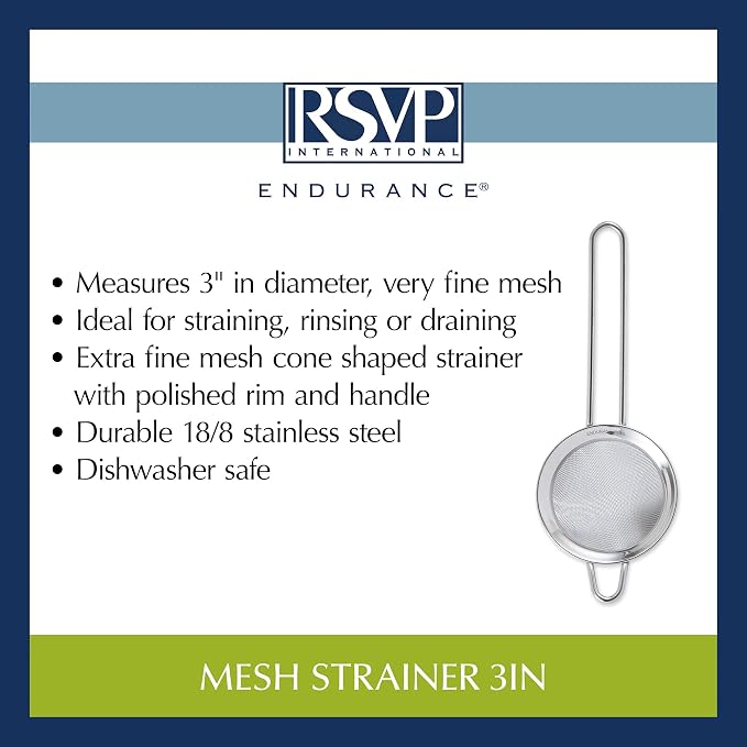 RSVP International Endurance Kitchen Collection, Stainless Steel Fine Mesh Conical Sieve/Colander, Multi-Purpose for Cooking, Baking, Loose Leaf Tea, Bar Strainer Cocktails, 3-Inch