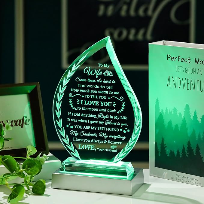 QIANWEI Mothers Day Gifts for Wife I Love You for Her Glass Plaque Keepsake Wife Romantic Gifts from Husband Anniversary Birthday Christmas Presents for Women with Colorful Led Base