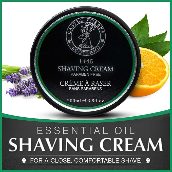 Castle Forbes 1445 Shaving Cream For Men, 6.8 fl.oz. | Moisturizing Smooth Shave Lather w/Essential Oils | Protects All Skin Types From Razor Burn & Irritation | Luxury Grooming & Beard Care