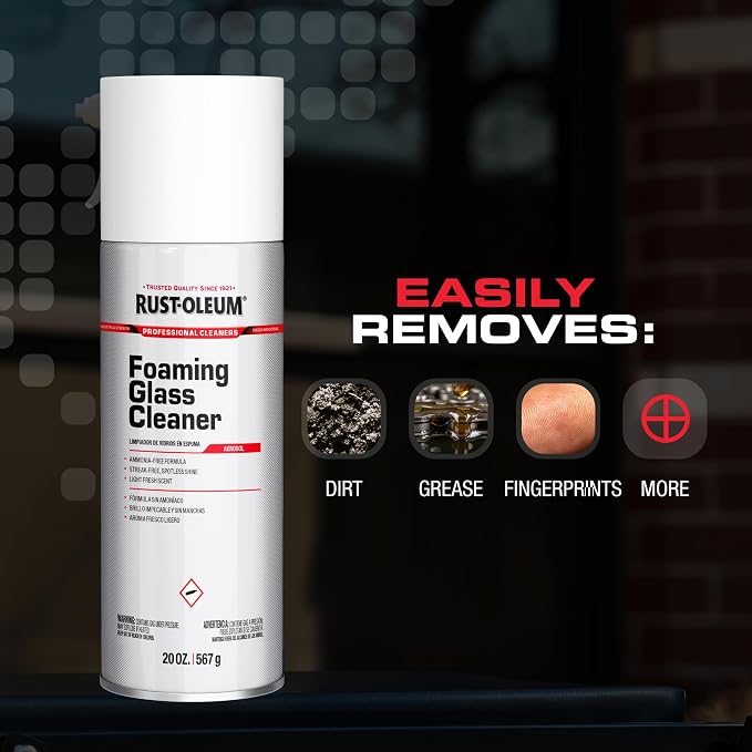 Rust-Oleum Professional Cleaners Foaming Glass Cleaner | 20oz Aerosol Can | Professional Strength | Ammonia-Free | Fresh Scent | 12 Pack