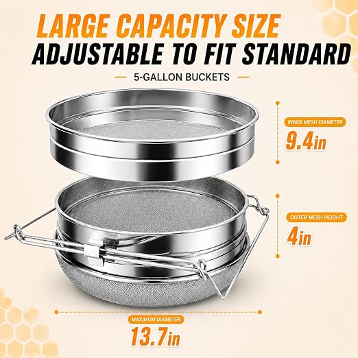 2PCS Honey Strainer Double Sieve Honey Filter, Honey Extractor for 5 Gallon Bucket 9x14 Inch, Beekeeping Supplies for 5 Gallon Bucket Honey, Beekeeping Equipment Tools