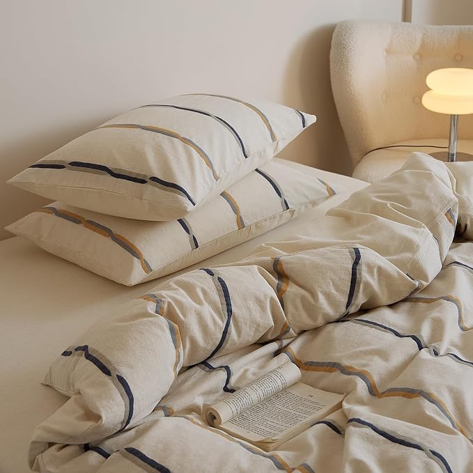 mixinni Cotton Linen Jacquard Duvet Cover Set King, 3-Piece Mid-Century Modern Bedding, Vintage Striped Bohemian Duvet Cover with 2 Pillowcases, All-Season Breathable Comforter Cover-King Size