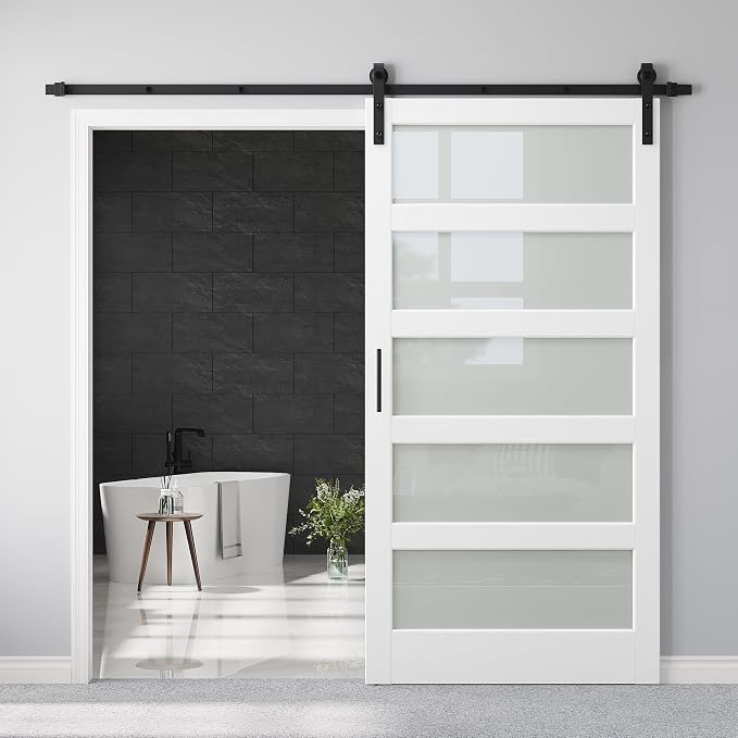 42" x 84" 5-Lites Frosted Glass Sliding Barn Door with 7FT Sliding Door Hardware Kit, Easy Assembly for Mortise and Tenon Structure, Water & Scratch Resistant MDF Barn Doors for Bathroom, Pre-Drilled