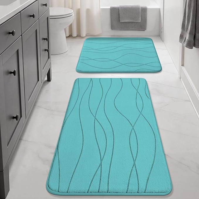 YIHOUSE Bathroom Rugs Set 2 Piece, Memory Foam Bath Mat Teal | 17x24& 20x32, Ultra Soft, Absorbent, Non-Slip, Machine Washable, for Bathroom, Sink and Toilet