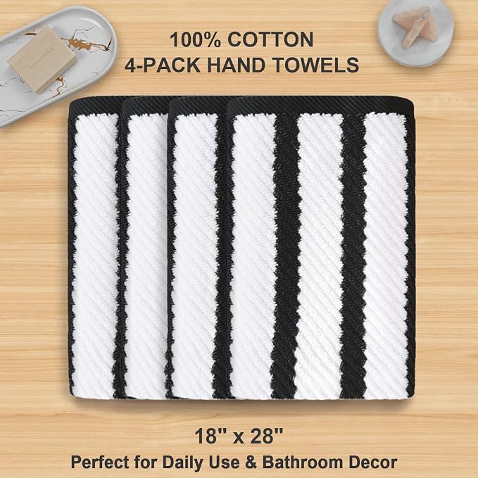 VOOVA & MOVAS Bathroom Hand Towels 4PC, 100% Cotton, 18x28 in, Black White | Quick Dry, Thick, Soft, Absorbency, Dorm Room Essentials Set, Suitable For Shower, Gym, Camping