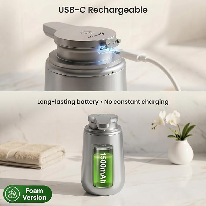 GentleJet NovaJet Automatic Foaming Soap Dispenser Touchless Sensor, USB-C Rechargeable, 304 Stainless Steel, IPX5 Waterproof for Bathroom Kitchen Sink, 12 oz / 350 ml