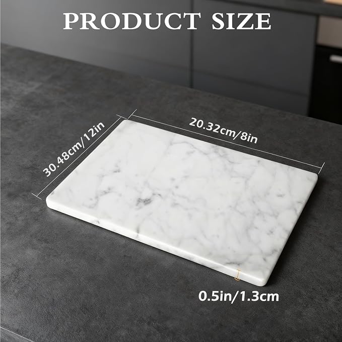 Marble Cutting Board for Kitchen 12×8 Inch Italian Carrara White | Natural stone, 0.59" thick, non-slip feet, stay cool for dough/butter, ideal for pastry, cheese, charcuterie, pizza, bread