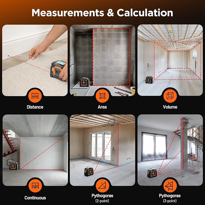 Laser Tape Measure 2-in-1, 197Ft Laser & 16Ft Digital Tape Measure | LCD Display, Pythagorean Mode, Area/Volume Calculation, USB-C Rechargeable, For Woodworking and Construction