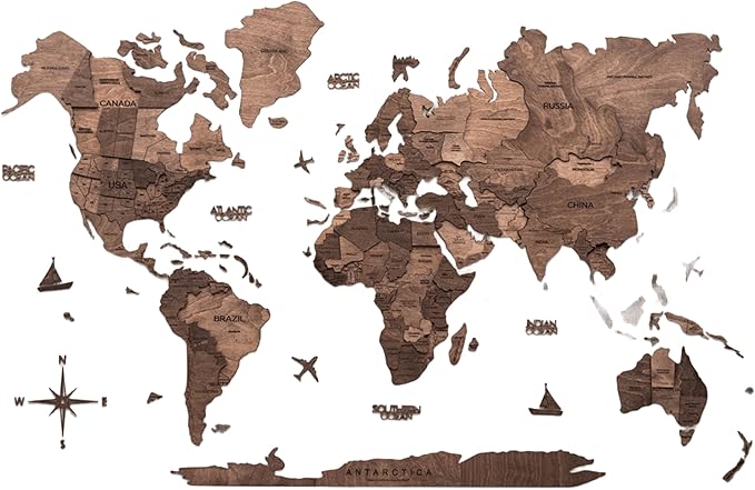Enjoy The Wood 3D Wooden World Map Wall Art - Large Travel Map with Pins for Art Decor - Decorative Map of the World for Home, Office - Travel Wall Art Housewarming Gift Idea (Dark Walnut, 2XL, Unframed)