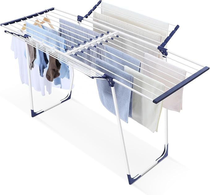 APEXCHASER Clothes Drying Rack - Foldable Laundry Rack Indoor Outdoor, Gullwing Drying Rack Clothing with 10pcs Clips + Bag, Collapsible Space-Saving Clothes Rack for Drying Towels, White