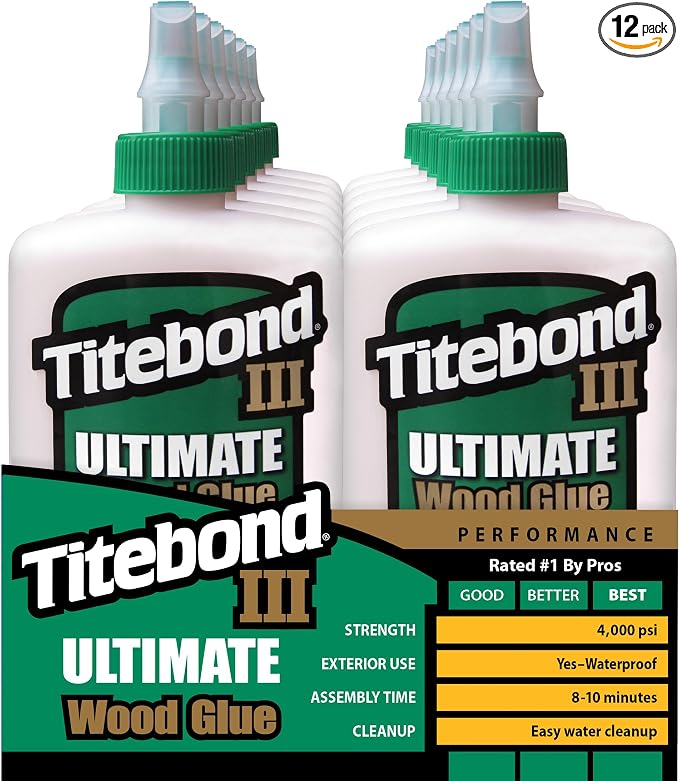 Titebond III Ultimate Wood Glue 8 Oz. (12 Pack) – Premium Professional Woodworking Adhesive, Waterproof, Strong Initial Tack, Interior/Exterior Use, Easy Water Cleanup – 1413