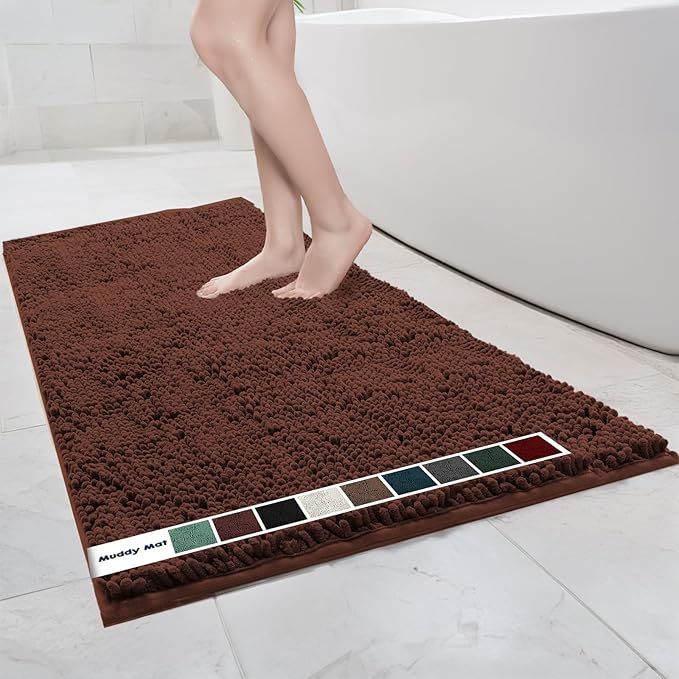Muddy Mat® | Chenille Bathroom Rugs Quick Dry Microfiber Mats Non Slip Washable, Extra Thick, Soft and Highly Absorbent Bath Mats for Bathroom, Kitchen, and Shower Floor - Brown 35"x59"