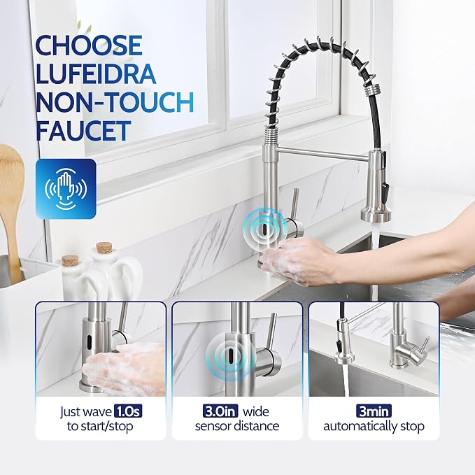 LUFEIDRA Touchless Kitchen Faucet with Pull Down Sprayer-Brushed Nickel Kitchen Faucet with Side Motion Sensor, Smart Hands-Free Spring Kitchen Sink Faucet for Modern Rv Outdoor Laundry Bar Sink