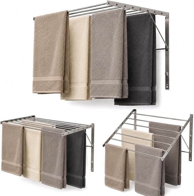 Smartsome | Wall Mounted | Clothes Drying Rack| 22" Wide |15 Linear Feet Capacity | 8 Smooth Round Stainless Steel Rods | 60 lb Capacity | Fully Assembled | Compact Sturdy Space-Saving Design