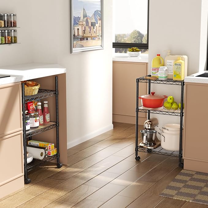 SINGAYE 3 Shelves Storage Shelf Wire Shelving Unit Metal Adjustable Wheels | Small Shelf Storage with Wheels Organizers Closet Unit for Bathroom Laundry Room Kitchen Pantry11.5D x 17.5W x 30.5H Black