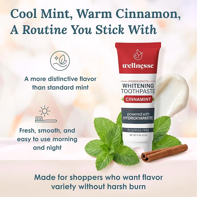Hydroxyapatite Toothpaste, Whitening, Fluoride Free, Cinnamint, 4 Oz | Wellnesse Remineralizing Enamel Care, SLS Free, Xylitol Formula for Sensitive Teeth, Dental Oral Care for Adults, Lower Foam