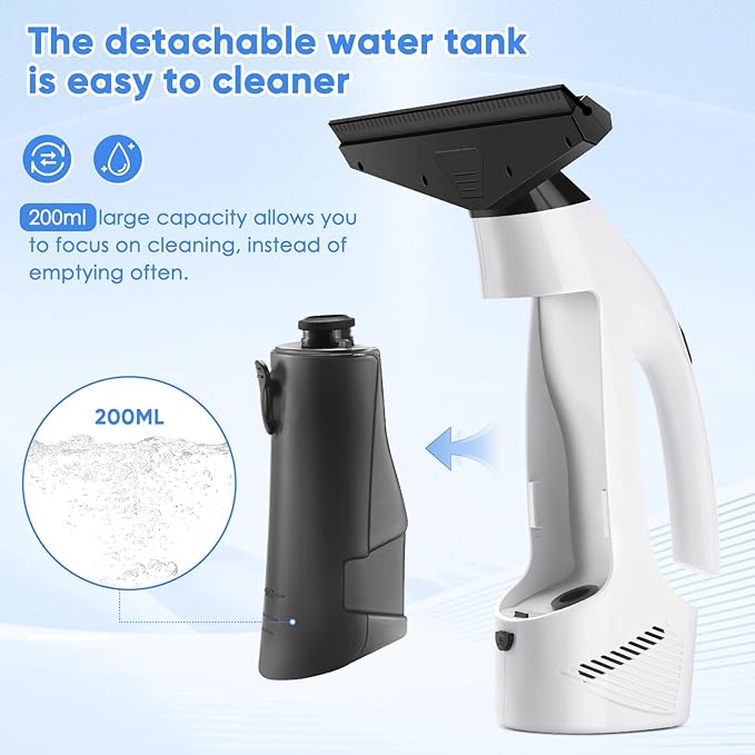 Electric Window Vacuum Squeegee, 2000Pa Rechargeable Window Cleaner Cordless with 200ML Water Tank, Cleaning Kit with Spray Bottle & Microfiber Pad for Glass, Mirror, Shower Door, Car Windshield