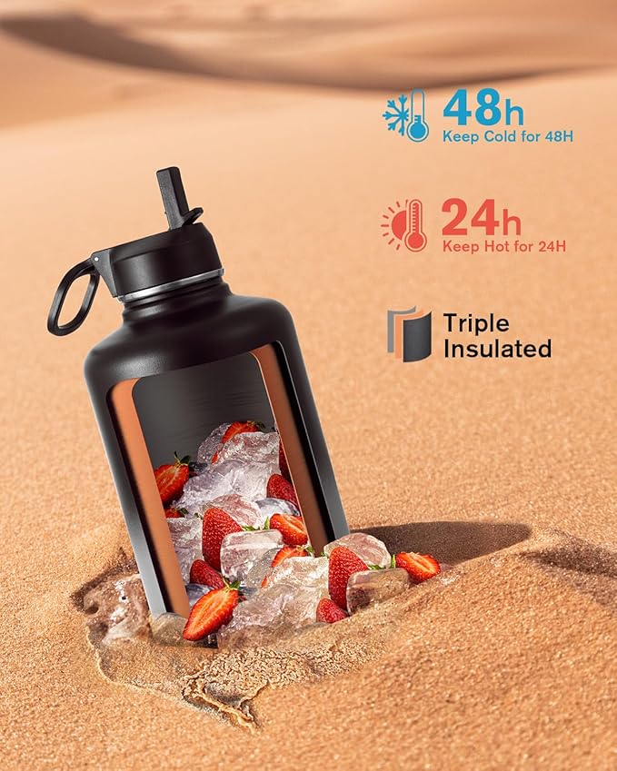 Coolflask Water Bottle 87 oz with Straw, 2/3 Gallon Insulated Stainless Steel 3 Lids Large Water Jug Wide Mouth for Sports or Office, Non-BPA Keep Cold Up to 48 Hrs or Hot Up to 24 Hrs, Piano Night