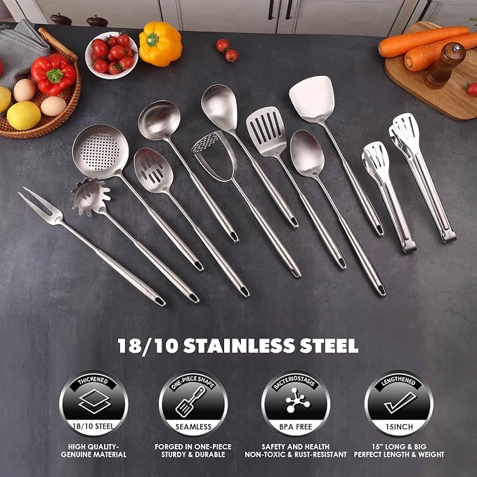 18/10 Stainless Steel Kitchen Utensils Set - 12 PCS All Metal Cooking Tools | 15″ Cooking Utensils - Potato Masher, Meat Fork, Tongs, Turner, Pasta, Serving Spoon, Skimmer, Ladle, Spatula Spoon Set