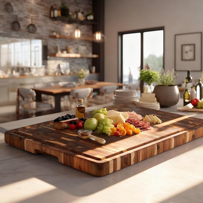 Utoplike Large Acacia Cutting Board 22 x 16 in, End Grain Chopping Boards | Wooden Butcher Block with Handle, Single-side Juice Groove for Turkey, Meat, Vegetables, 1.38"Th