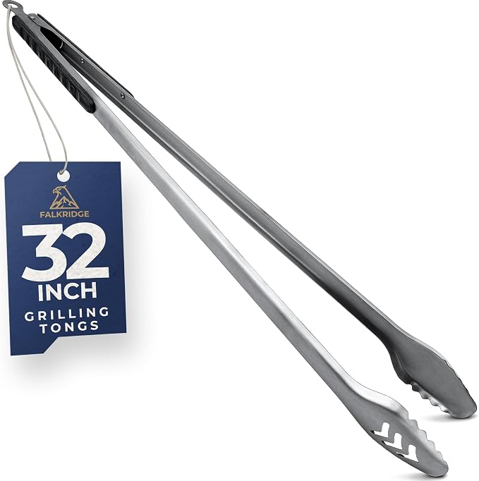32-Inch Heavy Duty Long Grill Tongs for BBQ & Outdoor Cooking | 1.0mm Thick stainless steel & Pakkawood handles. Extra long tongs for campfire camping cooking essentials & fireplace tools